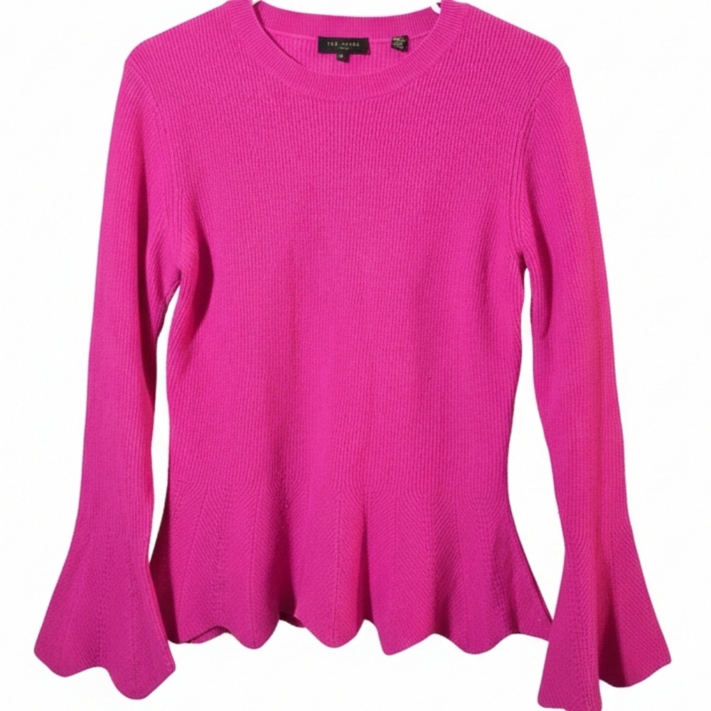 Ted Baker London Wool Cashmere Pink Bell Sleeve Peplum Knit Sweater Top Sz 2